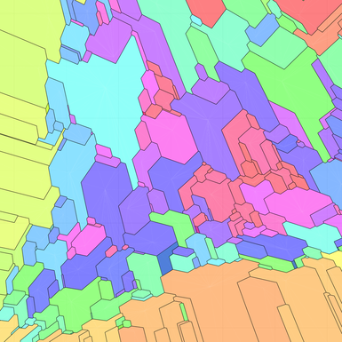 Colored illustration of weight space decomposition for triobjective problems. A square space is partitioned into multicolored sets of complex shapes.